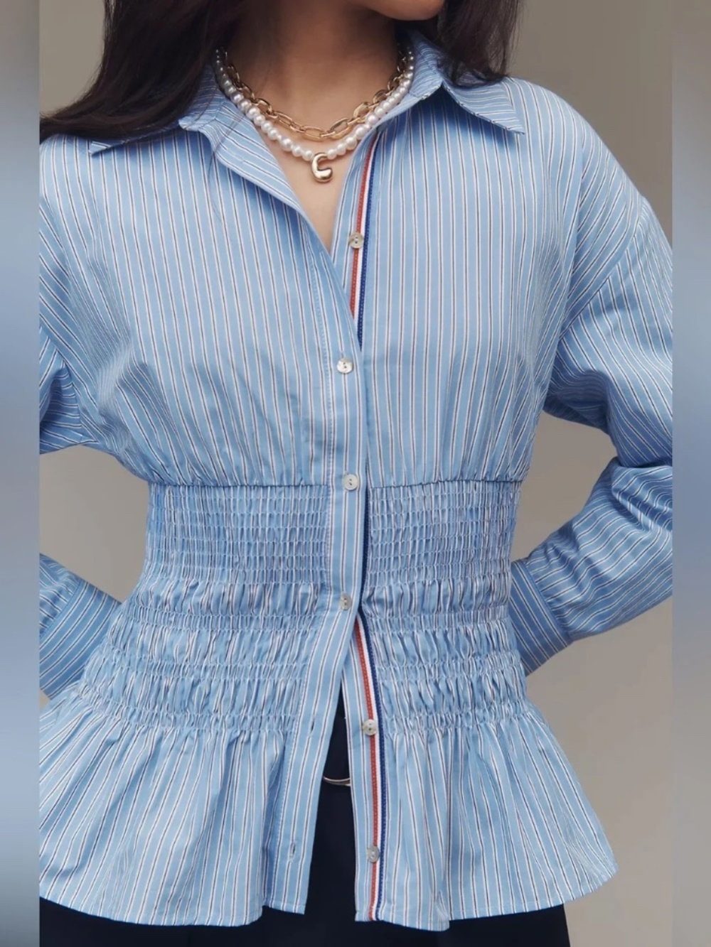 Anthropologie Maeve Long-Sleeve Smocked-Waist Blouse Large Petite Blue